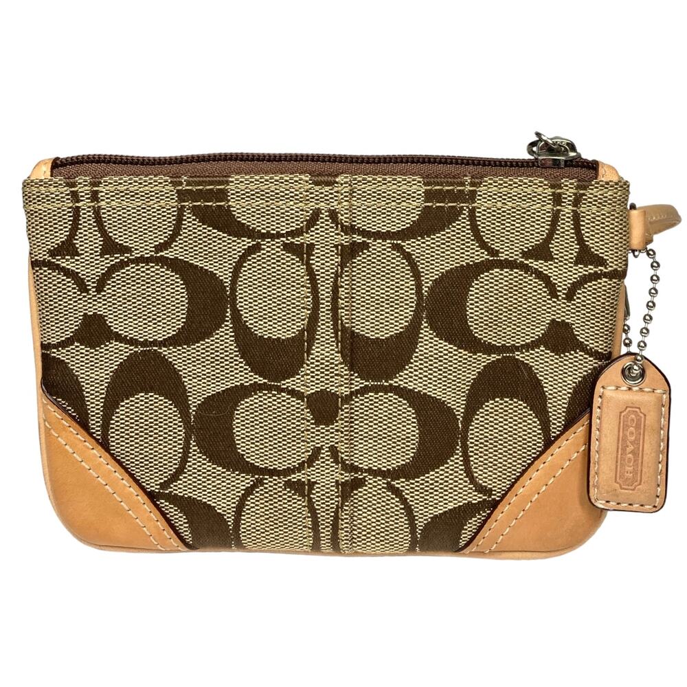 NEW Coach Wristlet CC Logo Fabric & Tan Leather Trim and Strap